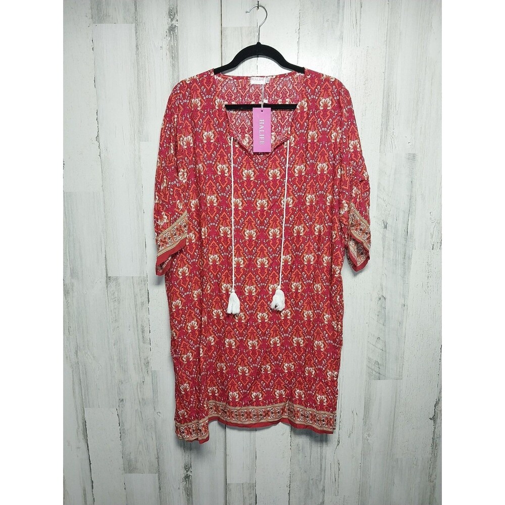 Halife Bohemian Shift Tunic Style Dress Floral Red  Stretch Tassels XL New